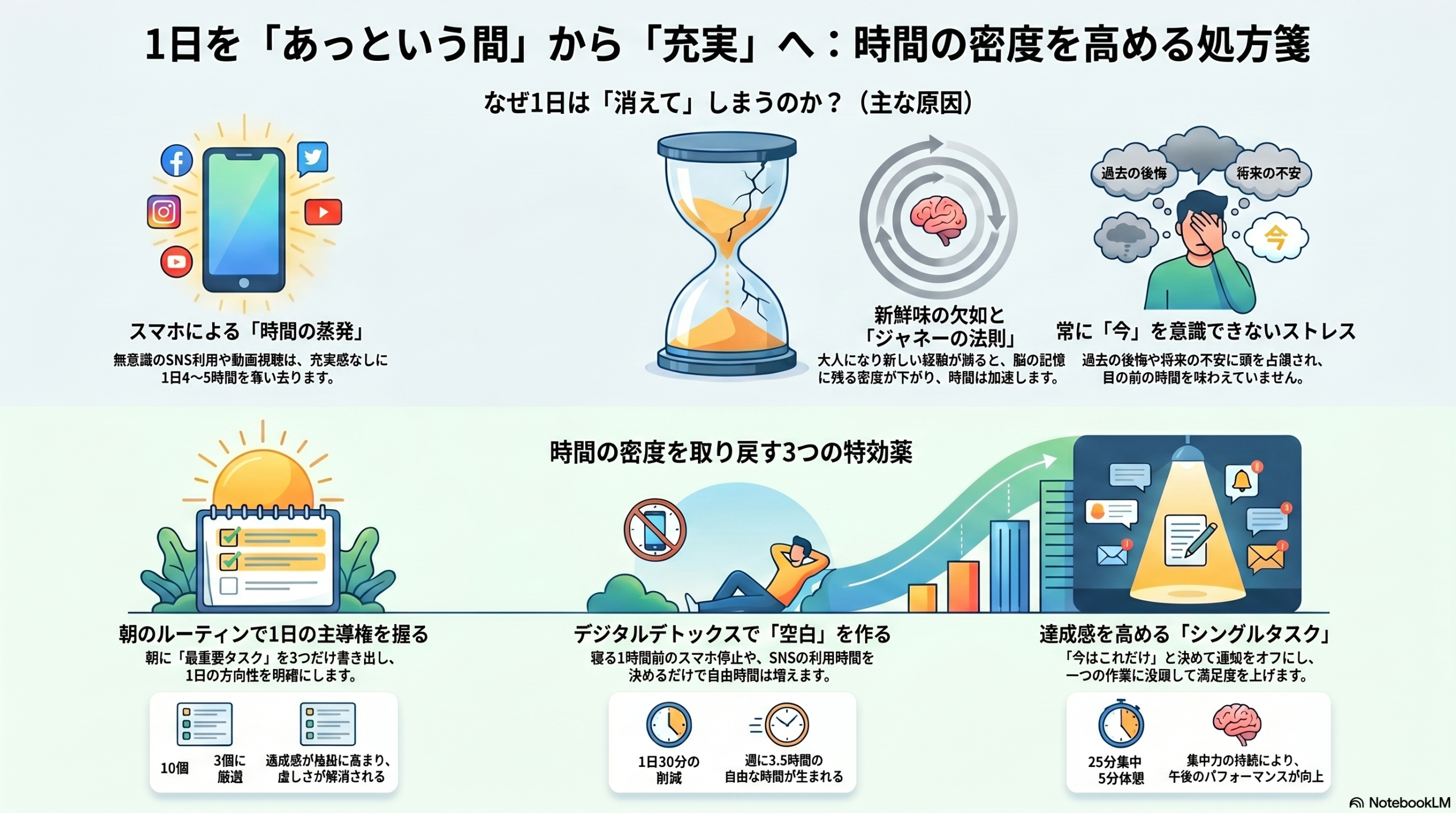 1日があっという間に終わる原因と時間の密度を高める3つの方法をまとめたインフォグラフィック